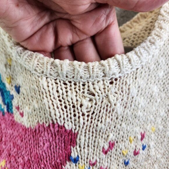 Vintage Sweater Womens L Cream Floral Crochet Open Knit 80s Skating Rink Prop - Picture 6 of 14